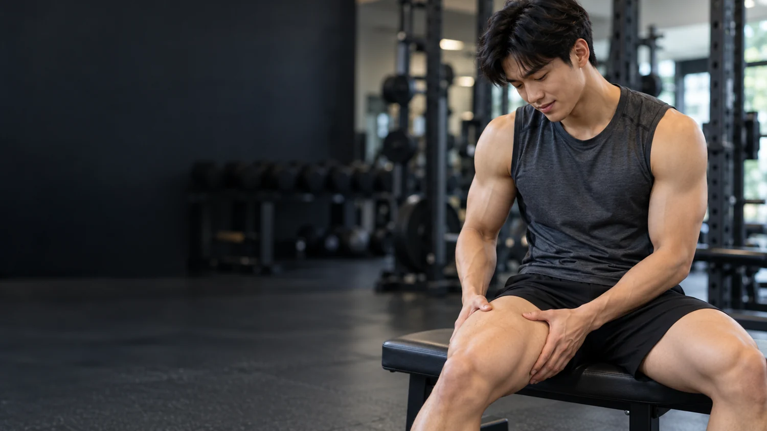 허벅지의 뻐근함을 확인하는 운동 참가자